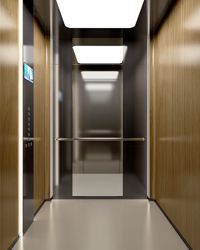 Modern Elevator Interior With Wooden Panels Metal Handrail And Control 3d model