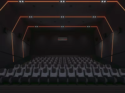 Spacious Modern Cinema Interior With Rows Of Comfortable Seats And Large Screen Soft Lighting 3d model