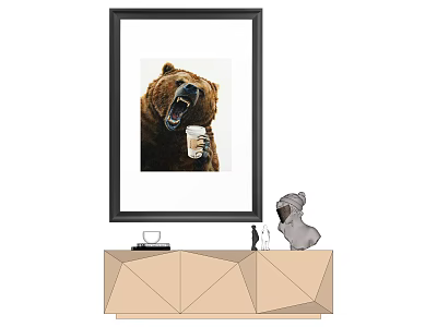 Animal Painting Featuring Bear Holding Cup in Black Frame on Light Cabinet with Small Figurine 3d model