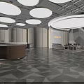 Luxurious Grand Hall Interior Design With Circular Gold Trim Lights Brown Bar And Geometric Flooring
