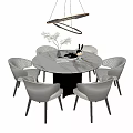 Modern Round Dining Table Set With Marble Top Six Grey Chairs And Chandelier