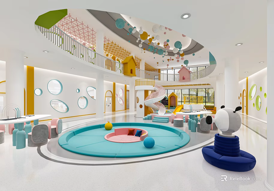 Colorful Kindergarten Indoor Play Space With Slide Circular Pool And Toy House Structures 3d model 