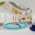Colorful Kindergarten Indoor Play Space With Slide Circular Pool And Toy House Structures
