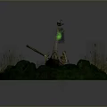 Weathered Old Boat on Green Mossy Base with Reeds and Glowing Green Lantern