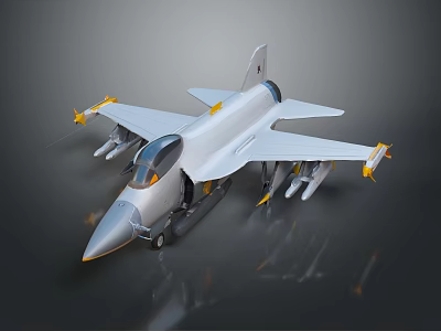 Computer Generated 3D Fighter Jet Model with Silver Body and Yellow Components 3d model