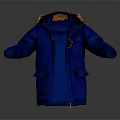 Warm Blue Winter Puffer Coat With Fur Collar And Front Pockets