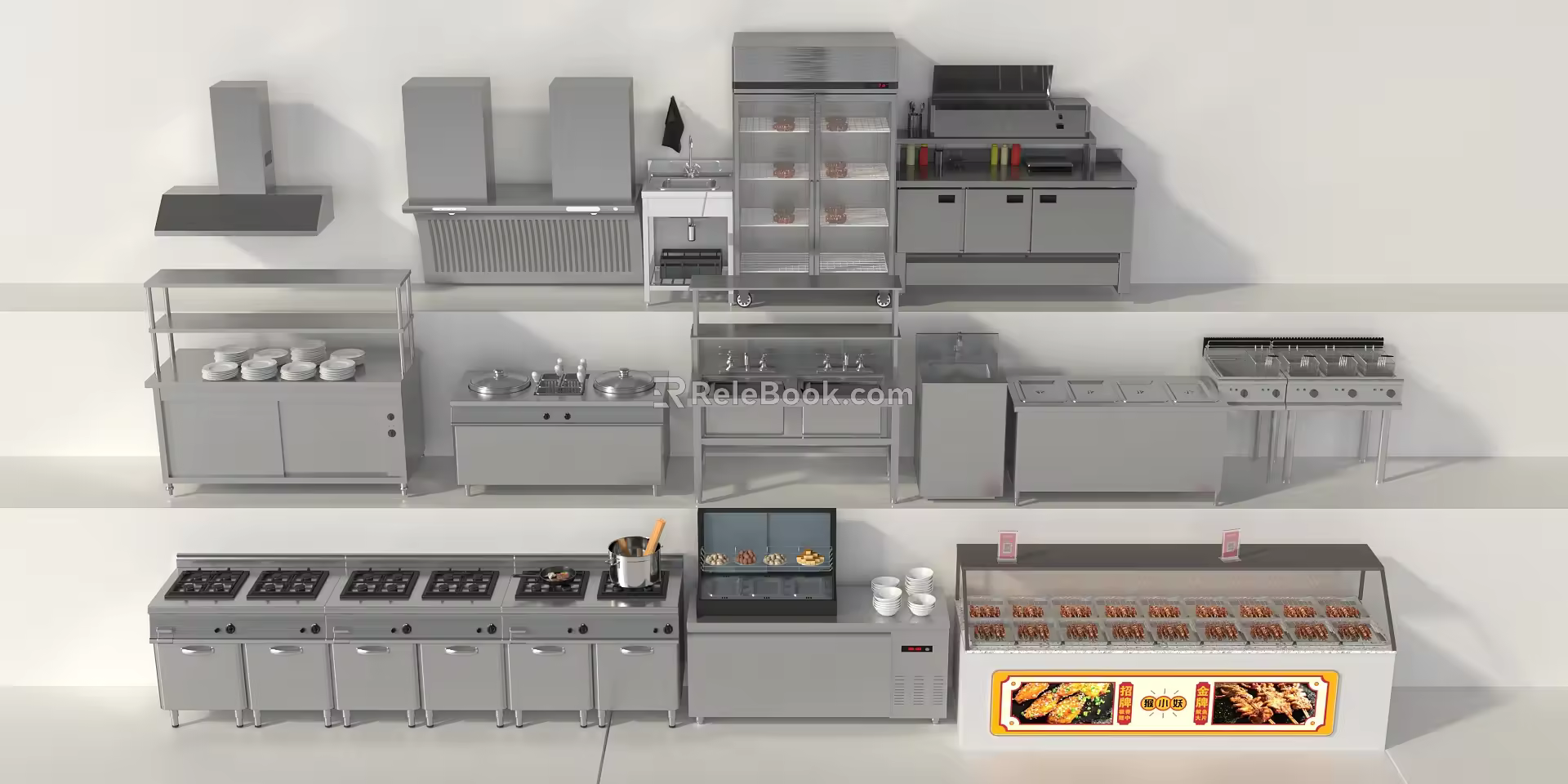 Back Kitchen Equipment Skewers Freezer Operating Table Shelf Stove Fryer Sink Freezer Range Hood 3d model
