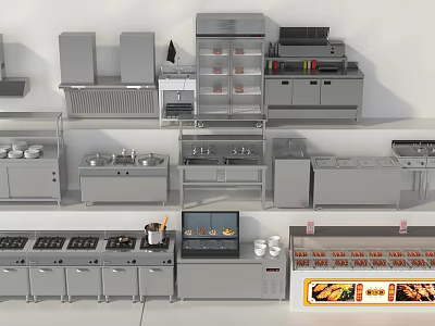 Stainless Steel Functional Kitchen Worktables With Stoves Sinks And Storage Cabinets 3d model