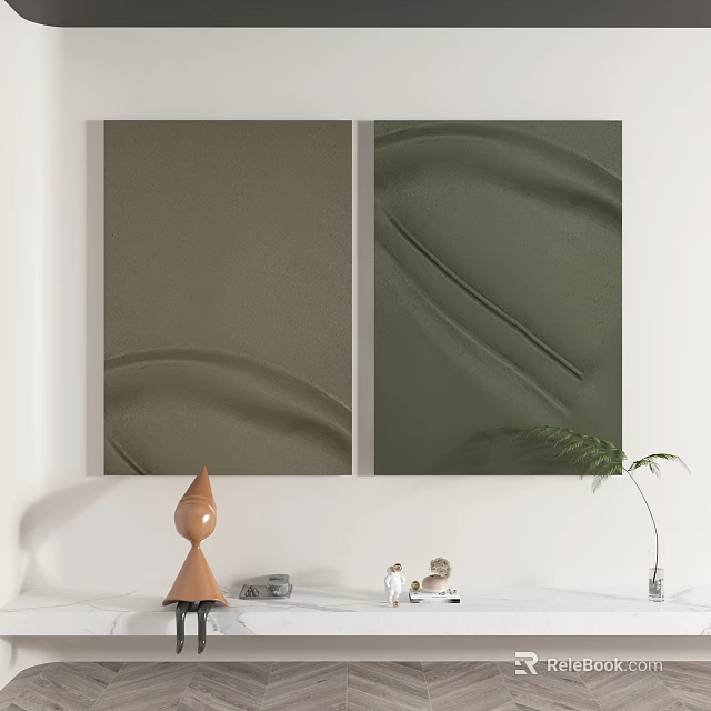 Green Abstract Wall Art With Brown Sculpture And Modern Decor Elements 3d model