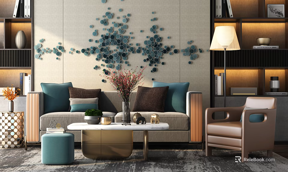 Modern Sofa Coffee Table Set With Blue Pillows Flower Vase And Circular Wall Decor 3d model