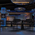 Modern Bar Interior Design With Neon Lighting Bar Counter Wine Racks And Seating