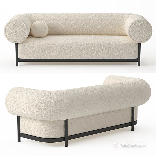 Cream Colored Two Seater Sofa With Rounded Armrests And Black Metal Frame 3d model