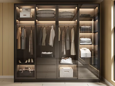 Modern Wardrobe Interior With Hanging Clothes Folded Items Storage Boxes And Shoes 3d model