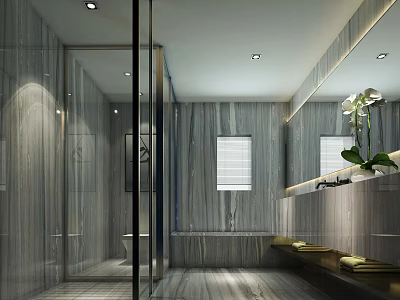 Luxury Modern Full Marble Bathroom With Glass Shower Enclosure And Backlit Extended Vanity Mirror Design 3d model