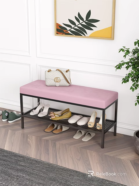 Shoe Bench with Pink Padded Seat Metal Frame Storage Shelves and White Wall Wooden Floor 3d model 