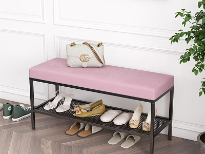 Shoe Bench with Pink Padded Seat Metal Frame Storage Shelves and White Wall Wooden Floor 3d model