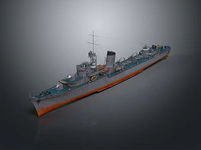Naval Warship Gray Hull Orange Bottom Mast Chimney And Deck Features 3d model