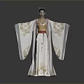 Woman in traditional costume wearing white robe with golden patterns red sash and headpiece