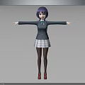 Anime Style Character With Blue Purple Hair Dark Coat White Plaid Skirt And Outstretched Arms