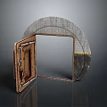 Unique Modern Gate Featuring Textured Arched Gray Frame Brown Wooden Panel And Metal Hardware