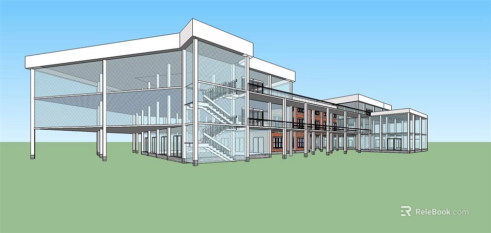 Modern Glass Facade Office Building With Multi Storey Structure And Open Staircase 3d model