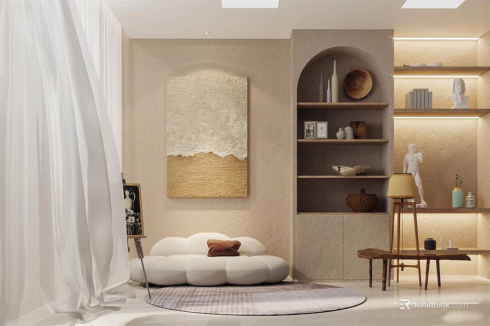 Art And Books Interior Design With Beige Textured Painting Arched Bookshelf White Curtain 3d model 