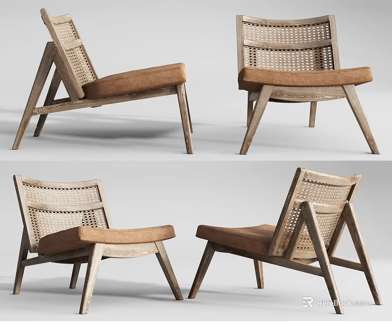 Modern Minimalist Leisure Chair With Light Wood Frame And Brown Woven Seat Design 3d model 