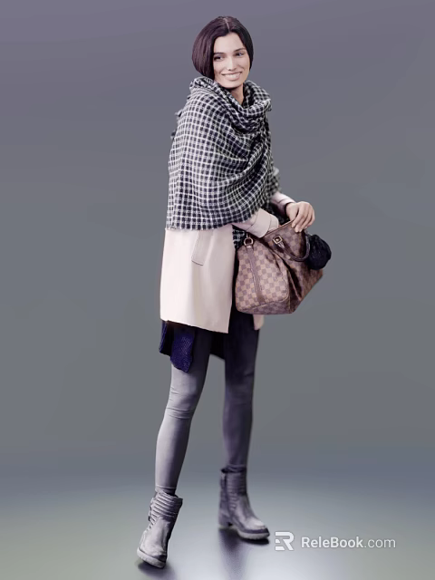 Stylish Woman Wearing Beige Coat Plaid Scarf Holding Patterned Handbag And Fitted Pants 3d model 