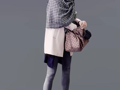 Stylish Woman Wearing Beige Coat Plaid Scarf Holding Patterned Handbag And Fitted Pants 3d model