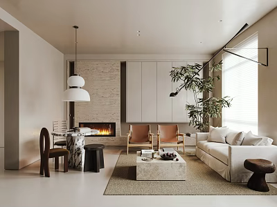 Modern Minimalist Living Room Interior Design With Fireplace Sofa Coffee Table And Plant 3d model