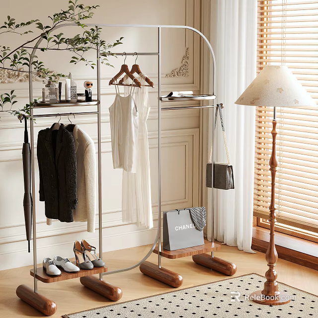 Stylish Metal Freestanding Clothes Rack With Hanging Clothes Shoes Shopping Bag And Lamp 3d model 