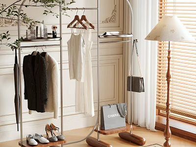 Stylish Metal Freestanding Clothes Rack With Hanging Clothes Shoes Shopping Bag And Lamp 3d model