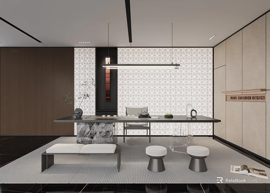 Modern Tea Room Interior With Wooden Table Stone Stools Hanging Lights And Tea Sets 3d model