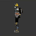 Mechanical Robot Armor With Colorful Components Helmet Arm Leg Parts Standing Pose Gray Background