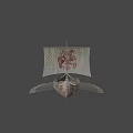 Ancient Viking Ship With Dragon Head Sail Red Pattern Shields And Oars