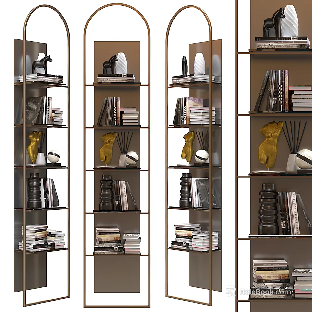 Modern Bookcase With Metal Frame Layered Design Shelves Decorated With Books And Artistic Sculptures 3d model 