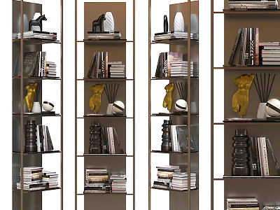 Modern Bookcase With Metal Frame Layered Design Shelves Decorated With Books And Artistic Sculptures 3d model