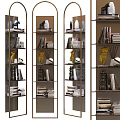 Modern Bookcase With Metal Frame Layered Design Shelves Decorated With Books And Artistic Sculptures