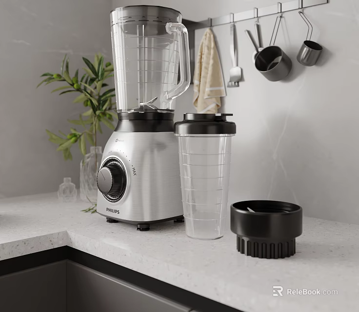 Modern Kitchen Countertop Featuring Stainless Steel Blender With Transparent Cup And Black Lid 3d model 
