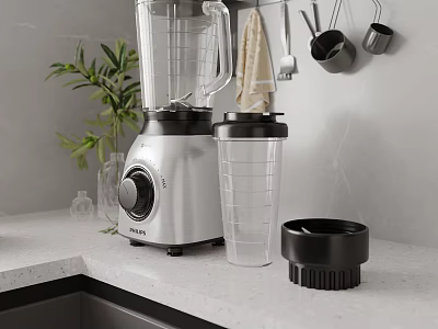 Modern Kitchen Countertop Featuring Stainless Steel Blender With Transparent Cup And Black Lid 3d model