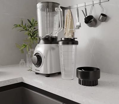 Modern Kitchen Countertop Featuring Stainless Steel Blender With Transparent Cup And Black Lid 3d model