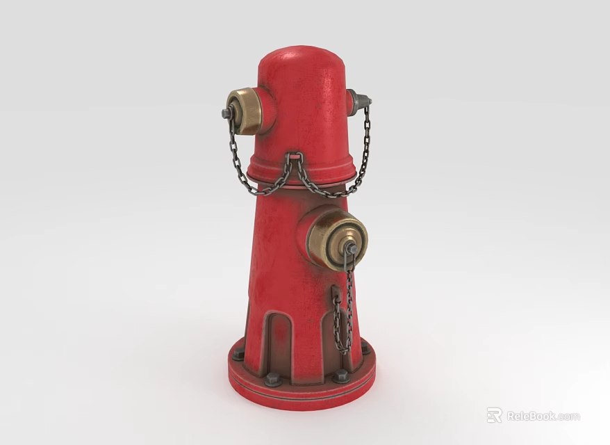 Classic Red Fire Hydrant With Hanging Metal Chains And Brass Nozzles 3d model 