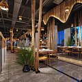 Modern Hotpot Restaurant Interior With Open Dining Area Bamboo Decor And Lantern Lighting