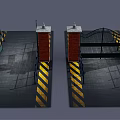 Entrance Gate With Brick Pillars Black Iron Design And Yellow Warning Stripes On Ground