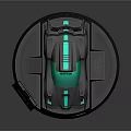 Futuristic Gray Race Car With Teal Accents And Neon Lights On Display Stand