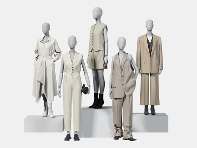 Fashion Mannequins Displaying Stylish Outfits In Neutral Tones On White Pedestals 3d model