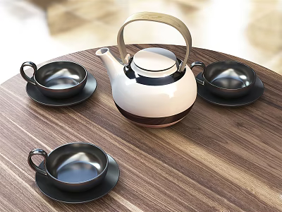 Modern Tea Set With White Teapot Black Teacups And Saucers On Wooden Surface 3d model
