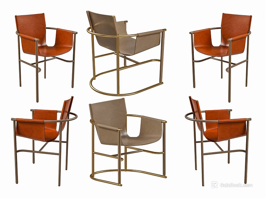 Stylish Modern Leisure Chairs Featuring Leather Upholstery And Metal Frames In Orange And Grey 3d model 