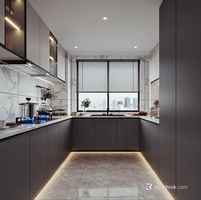 Modern Kitchen Interior Design With Gray Cabinets Marble Countertops And City View Window 3d model 