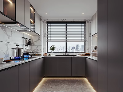 Modern Kitchen Interior Design With Gray Cabinets Marble Countertops And City View Window 3d model